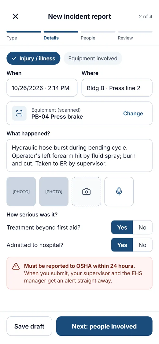 Mobile app new incident report screen with OSHA 24-hour warning