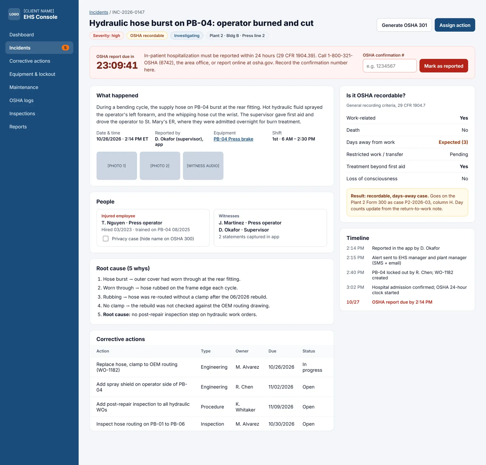Incident case file with investigation details, OSHA classification and corrective actions