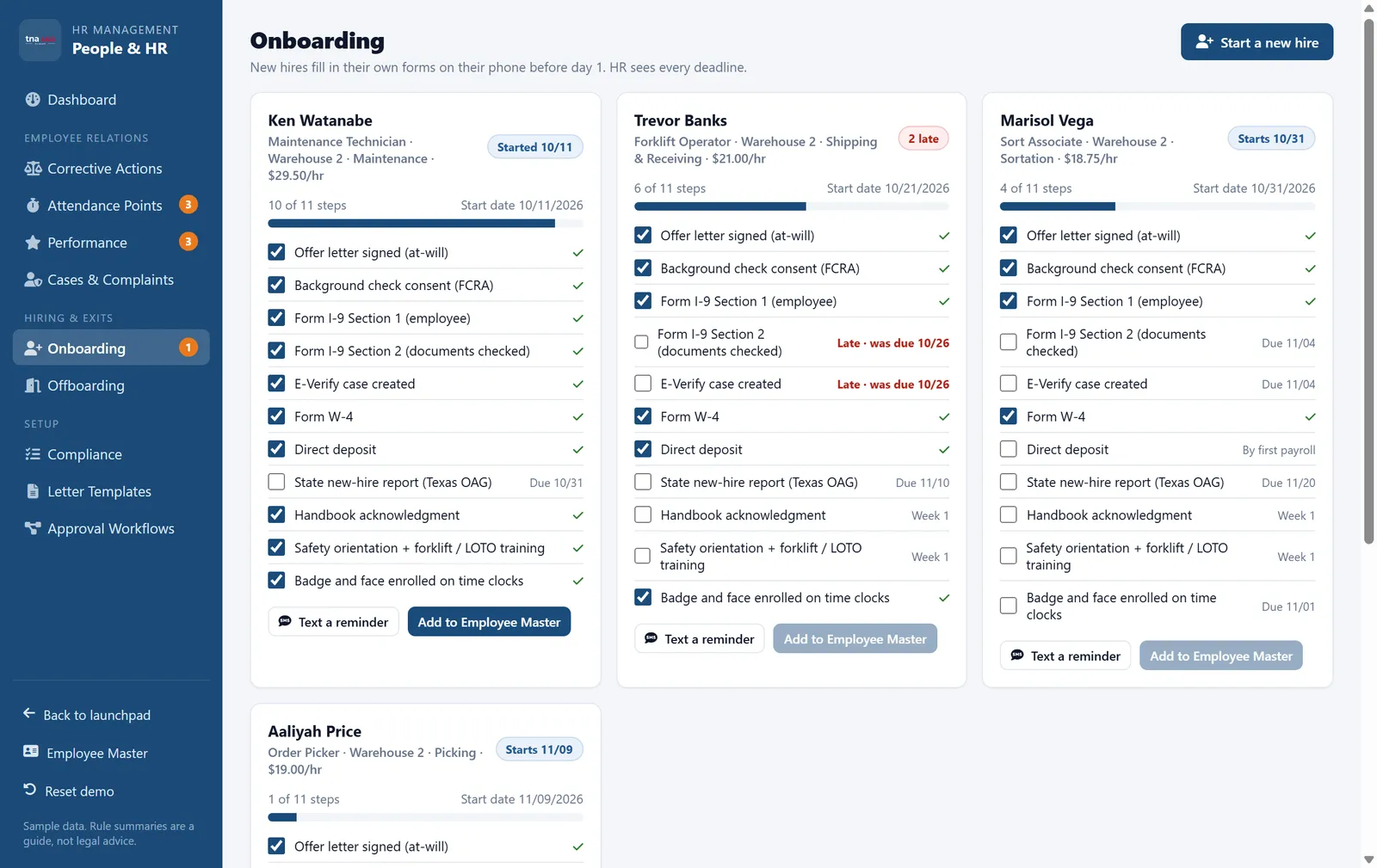 Onboarding checklists with I-9, E-Verify, W-4 and new-hire report steps and due dates