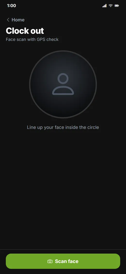 TNA-USA app clocking an employee out with a face scan and GPS check