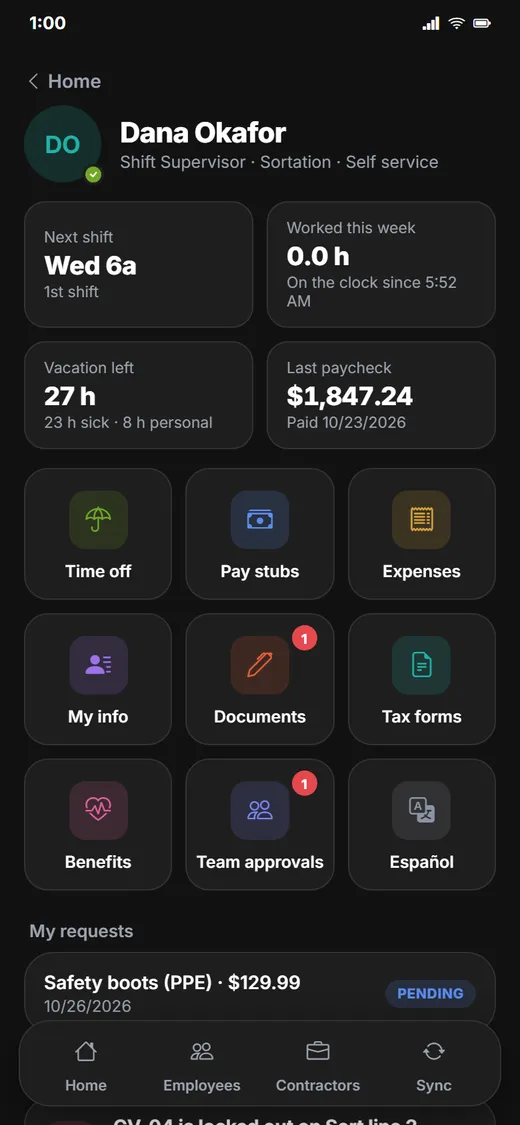 Employee self service home screen with next shift, time-off balance and last paycheck