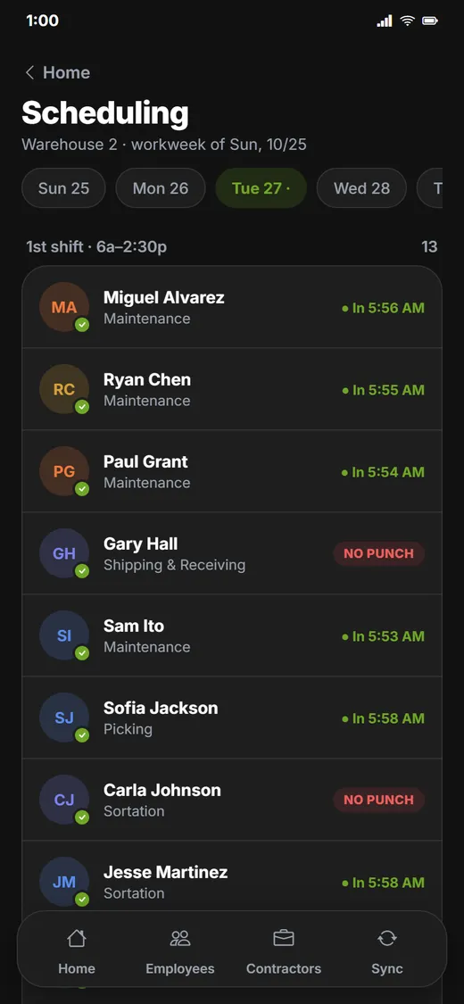 TNA-USA app showing a supervisor who has clocked in for today's shift